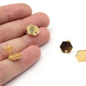 10mm Hexagon Stud Earrings, 24K Gold Plated Geometric Earrings, Minimalist Studs, Honeycomb Post Earrings, Small Gold Earrings for Women