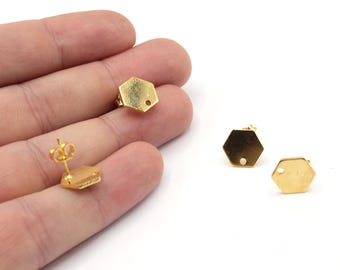10mm Hexagon Stud Earrings, 24K Gold Plated Geometric Earrings, Minimalist Studs, Honeycomb Post Earrings, Small Gold Earrings for Women