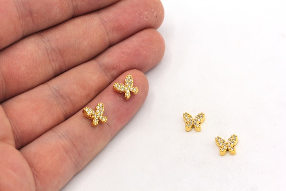 7x8mm 24k Shiny Gold Mini Butterfly Bracelet Beads, CZ Micro Pave Butterfly Beads, Zirconia Beads, Pave Beads, Gold Plated Findings, ZC358
