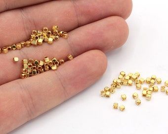 50 Pcs 2mm 24k Shiny Gold Cube Beads, Cube Spacer Beads, Geometric Beads, Bracelet Connector, Bracelet Charm, Gold Plated Findings, GD300