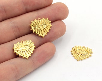 17x18mm 24k Shiny Gold Heart Charm, Heart Medallion Charm, Evil Eye Charm, Heart Evil Eye Charm, Gold Pendant, Gold Plated Findings, GD015