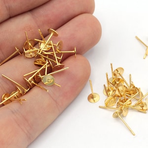 10 Pcs 5mm 24k Shiny Gold Earring Stud, Flat Earring Stud, Stud Ear Posts, Earring Stud, Flat Pad Earring, Gold Plated Findings, MJ079