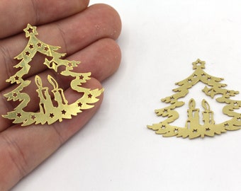 37x38mm Raw Brass Christmas Tree Charm, Pine Tree Pendant, Tree with Candles Charm, Laser Cut Charm, Earring Findings, Brass Findings, MJ339