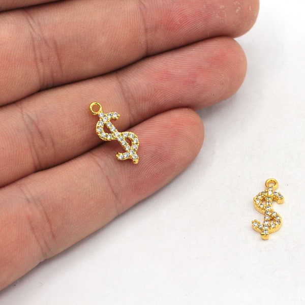 6x15mm 24k Shiny Gold Mini Dollar Sign Charm, CZ Micro Pave Dollar Sign Charm, Zirconia Charm, Gold Plated Findings, ZC484