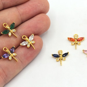 9x20mm 24k Shiny Gold Tiny Dragonfly Charm, CZ Micro Pave Dragonfly Charm, Zirconia Charms, Pave Animal Charms, Gold Plated Findings, ZC5x1