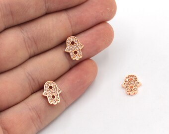 Charm Hamsa chapado en oro rosa 9x12mm, pulsera CZ Micro Pave Hamsa, conector de pulsera de pave, cuentas de Hamsa, hallazgos chapados en rosa, ZC065x