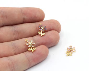 Colgante de flor con micro pavé de circonita cúbica bañado en oro brillante de 24 k, 12 x 16 mm, colgante de flor, colgante de flor de oro, colgante de circonita, accesorios bañados en oro