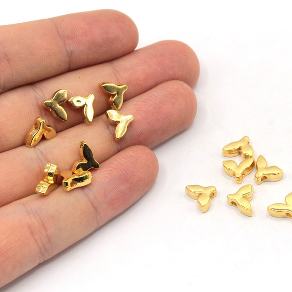 7x9mm 24k Shiny Gold Plated Mini Whale Tail Beads, Animal Beads, Dolphin Tail Spacer Beads, Sea Life Charms, Gold Plated Findings, GD1000