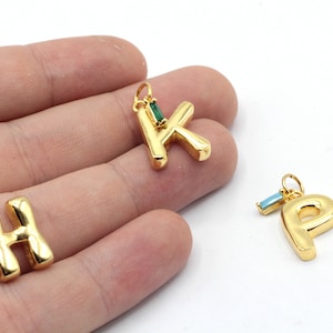 24k Shiny Gold Plated Balloon Letter with Birthstone Charm, Personalized Charm, Custom Pendant, Bracelet Charm, Gold Plated Findings