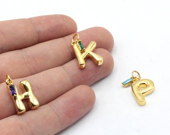 24k Shiny Gold Plated Balloon Letter with Birthstone Charm, Personalized Charm, Custom Pendant, Bracelet Charm, Gold Plated Findings