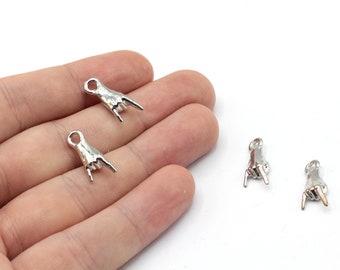 8x18mm Rhodium Plated Rock n Roll Hand Charm, Hand Pendant, Rock on Hand Charm, Gesture Charm, Rhodium Plated Findings, GD994