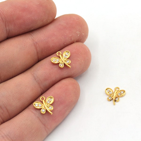 9mm 24k Shiny Gold Mini Dragonfly Charm, CZ Micro Pave Dragonfly Charm, Zirconia Charms, Dragonfly Earrings, Gold Plated Findings, ZC306