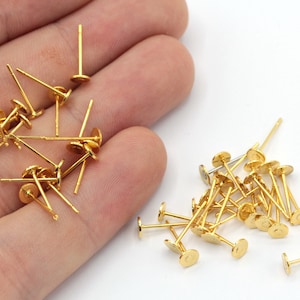 50 Pcs 4mm 24k Shiny Gold Earring Stud Post, Flat Earring Stud, Stud Ear Posts, Earring Stud, Flat Pad Earring, Gold Plated Findings, MJ83