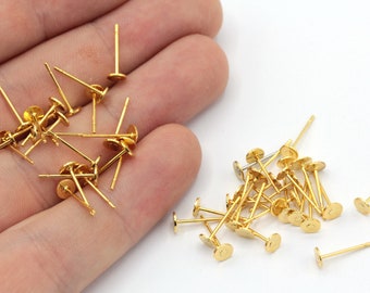 50 st. 4 mm örhängesstift i 24k glänsande guld, platt örhängesstift, örhängesstift, örhängesstift, platt vadderad örhänge, förgyllda detaljer, MJ83