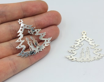 37x38mm Rhodium Christmas Tree Charm, Pine Tree Charm, Tree with Candle Charm, Laser Charm, Earring Findings, Rhodium Plated Findings, MJ339