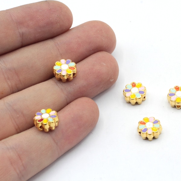 9mm 24k Shiny Gold Plated Multicolor Daisy Beads, Colorful Beads, Enamel Beads, Spacer Beads, Bracelet Charm, Gold Plated Findings, GD1059