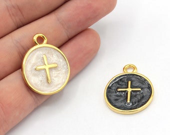 22x27mm 24k Shiny Gold Plated Round Cross Charm, Cross Medallion Charm, Enamel Cross Charm, Cross Pendant, Gold Plated Findings, GD908