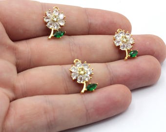 Colgante de flor de circonita cúbica micro pavé chapado en oro brillante de 24 k de 12 x 18 mm, dije de flor de rosa, colgante de flor de oro, dije de circonita, accesorios chapados en oro