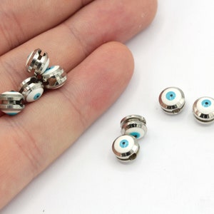 7mm Rhodium Enamel Evil Eye Beads, Evil Eye Bracelet Beads, Bracelet Connector, Bracelet Charm, Rhodium Plated Findings, GD076