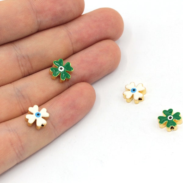 8mm 24k Shiny Gold Plated Enamel Clover Beads, Clover Bracelet Beads, Four Leaf Beads, Bracelet Charm, Gold Plated Findings, GD029