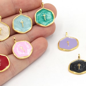 18 x 21 mm 24k glänzender Goldkreuzanhänger, Emaillekreuzanhänger, Medaillonanhänger, religiöser Anhänger, Halskettenanhänger, vergoldetes Zubehör, GD1088