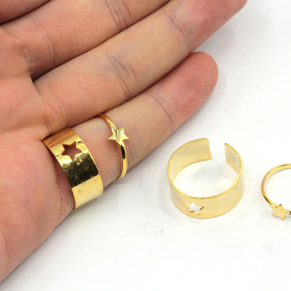 16-17mm 24k Shiny Gold Plated Star Couple Ring, Matching Lover Rings, Lover Rings, Gold Ring Set, Gold Plated Rings, GR042