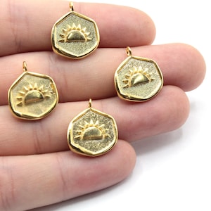 16x19mm 24k Shiny Gold Plated Half Sun Charm, Gold Sunset Charm, Medallion Sun Charm, Celestial Charm Necklace Pendant, Gold Plated Findings