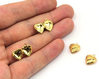 8x15mm 24k Shiny Gold Plated Mini Heart Locket Charms, Puff Heart Locket with Heart, Locket Pendant, Gold Plated Findings, GD468