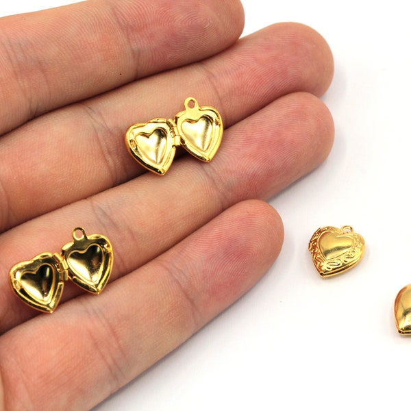 8x15mm 24k Shiny Gold Plated Mini Heart Locket Charms, Puff Heart Locket with Heart, Locket Pendant, Gold Plated Findings, GD468