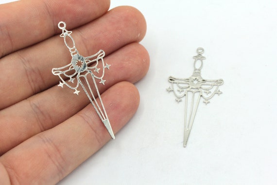 20x46mm Rhodium Sword Charm, Knight's Sword Pendant, Long Sword Charm, Earring Pendants, Laser Cut Charm, Rhodium Plated Findings, BM255