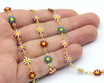 7mm 24k Shiny Gold Plated Colorful Daisy link Chain, Daisy Chain, Anklet Chain, Soldered Chain, Enamel Chain, Gold Plated Chain, EMR001