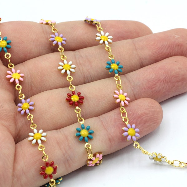 7mm 24k Shiny Gold Plated Colorful Daisy link Chain, Daisy Chain, Anklet Chain, Soldered Chain, Enamel Chain, Gold Plated Chain, EMR001