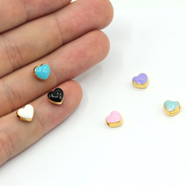 7mm 24k Shiny Gold Plated Enamel Heart Beads, Love Charm, Heart Spacer Beads, Bracelet Charms, Enamel Beads, Gold Plated Findings, GD988