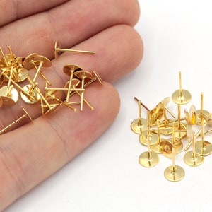 10 Pcs 6mm 24k Shiny Gold Earring Stud, Flat Earring Stud, Stud Ear Posts, Earring Stud, Flat Pad Earring, Gold Plated Findings, MJ069