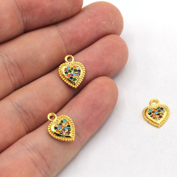 12x14mm 24k Shiny Gold Tiny Heart Bracelet Charm, CZ Micro Pave Heart Charm, Zirconia Charms, Pave Love Charm, Gold Plated Findings, ZC524