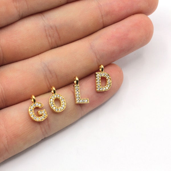 5x8mm 24k Shiny Gold Plated CZ Micro Pave Letter Charm, Pave Letter Charm, Initial Charm, Letter Bracelet, Gold Plated Findings, ZC279