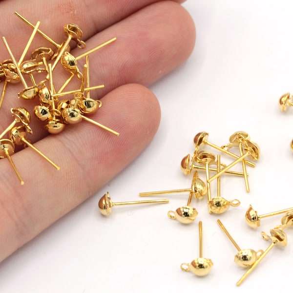 10 Pcs 5mm 24k Shiny Gold Plated Half Ball Ear Post, Stainless Steel Earring, Half Round Ear Post, Gold Earring, Gold Plated Findings, MJ450