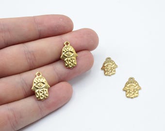 18K Gold Plated Stainless Steel Mini Hand with Evil Eye Charm, Hamsa Charm, Bracelet Charm, DIY Jewelry Supplier, Stainless Steel Findings