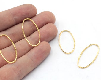 4 Pcs 15x30mm 24k Shiny Gold Plated Textured Oval Charm, Oval Closed Ring, Oval Connector, Earring Findings, Gold Plated Findings, MJ411