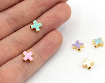 8mm 24k Shiny Gold Plated Enamel Cross Beads, Cross Bracelet Beads, Cross Spacer Beads, Bracelet Charm, Gold Plated Findings, GD925