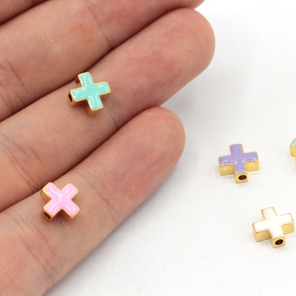 8mm 24k Shiny Gold Plated Enamel Cross Beads, Cross Bracelet Beads, Cross Spacer Beads, Bracelet Charm, Gold Plated Findings, GD925