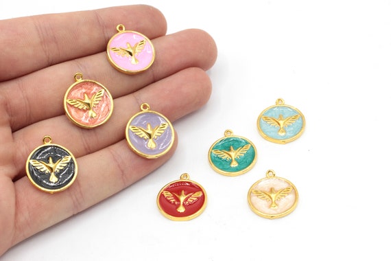 17x19mm 24k Shiny Gold Phoenix Charm, Enamel Phonix Charm, Gold Bird Charm, Medallion Phoenix Pendant, Necklace Charm, Gold Plated Findings