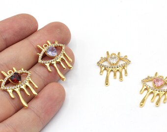 Amuleto de ojo turco con micro pavé de circonitas cúbicas, chapado en oro brillante de 24k, 20 x 25 mm, dije de lágrima, dije de circonita, dije de ojo pavé, fornituras chapadas en oro, GLD783