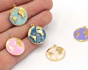 20x22mm 24k Shiny Gold Enamel World Charm, World Traveller Charm, Eart Globe Charm, Medallion World Charm, Gold Plated Findings, GD663