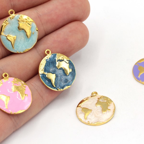 20x22mm 24k Shiny Gold Enamel World Charm, World Traveller Charm, Eart Globe Charm, Medallion World Charm, Gold Plated Findings, GD663