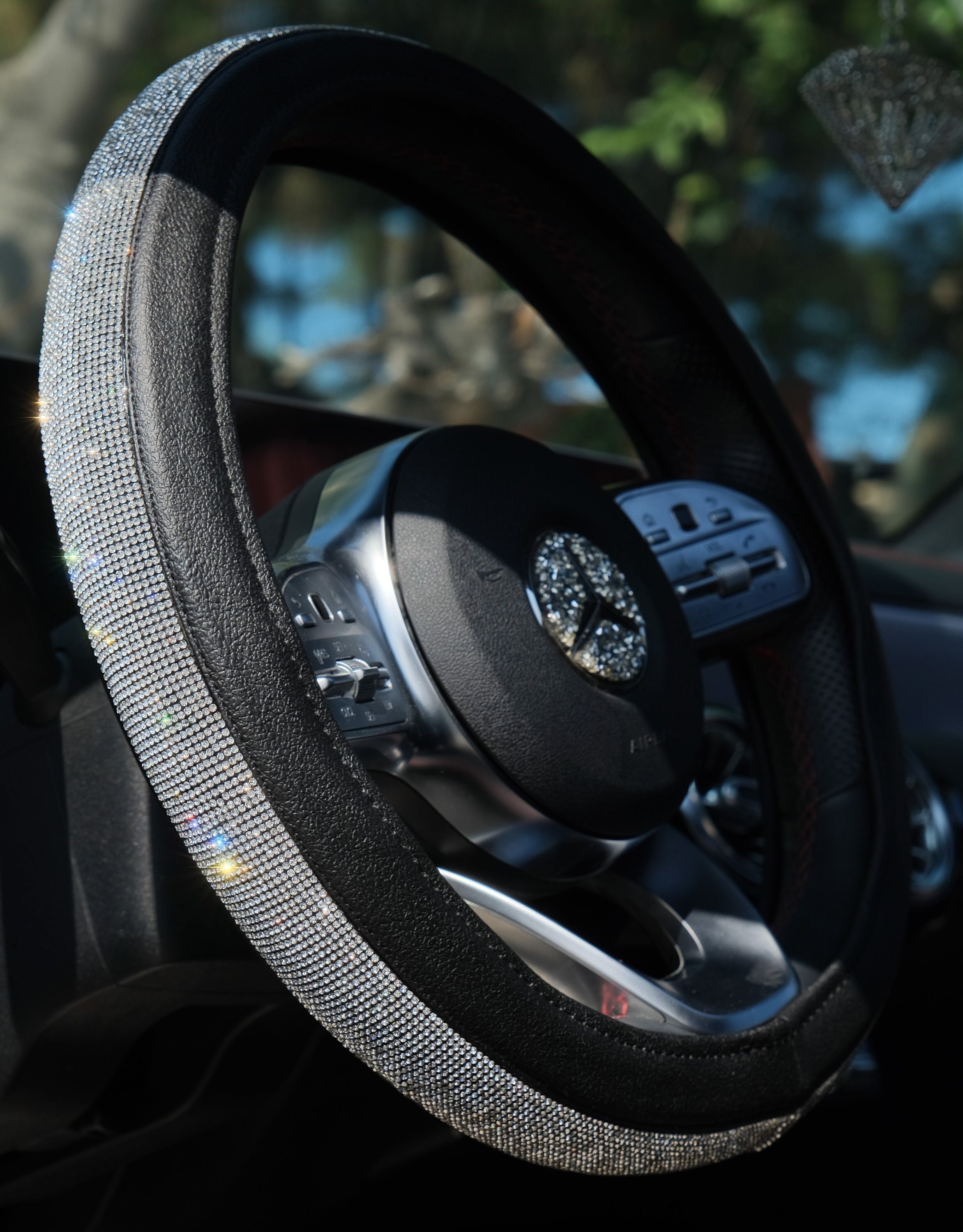 Coprivolante In Pelle Con Strass E Cristalli, Universale 38 Cm, Morbido E Antiscivolo, Accessorio Auto Glitterato Per Donna - 5