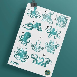 May include: A sheet of paper with ten different teal blue octopus illustrations. Each octopus is numbered 1 through 10. The word "AQUA" is printed at the bottom of the sheet.