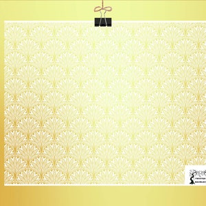 May include: A decorative art print featuring a repeating fan-shaped pattern in shades of gold and white. The print is held by a black binder clip and a string. The lower right corner displays the "Twisted Baubles" logo.