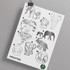 May include: A sheet of paper with ten different black and white elephant illustrations. Each elephant is numbered 1 through 10. The word "PEWTER" is printed at the bottom of the page.