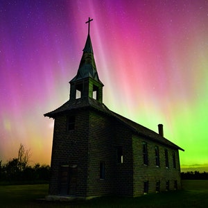 Northern Lights Wall Art - Vibrant Aurora with Church